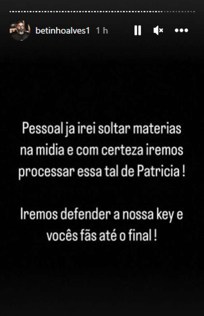 Betinho Alves, empresário de Key, ameaçou processar Patrícia Ramos.