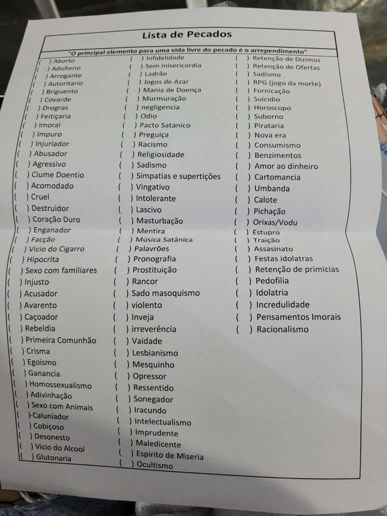 Lista de pecados viralizou nas redes sociais