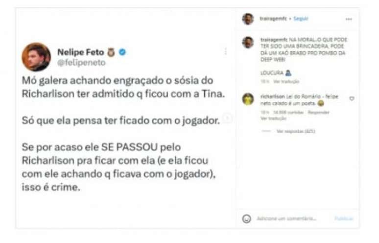 Comentário de Richarlison sobre Felipe Neto (Foto: Reprodução/Instagram)