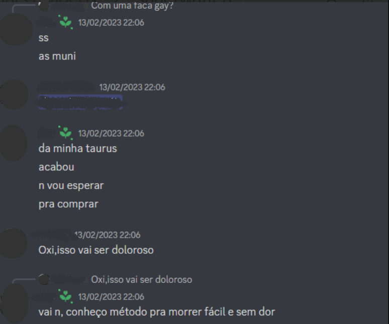 Conversa entre usu&aacute;rios no Discord, na qual um deles expressa desejo em realizar um massacre escolar com uma faca parte 3
