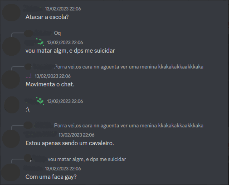 Conversa entre usu&aacute;rios no Discord, na qual um deles expressa desejo em realizar um massacre escolar com uma faca parte 2