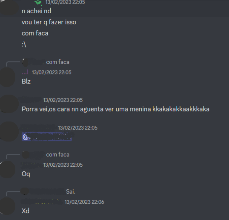 Conversa entre usu&aacute;rios no Discord, na qual um deles expressa desejo em realizar um massacre escolar com uma faca parte 1