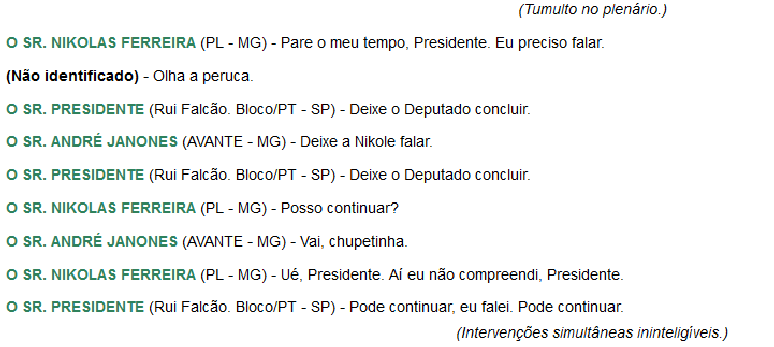 Print mostra notas taquigráficas da audiência do dia 28 de março, que identificam Janones como autor da ofensa