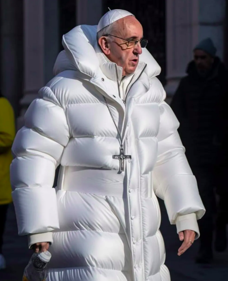 Imagens do Papa Francisco vestindo um casacão branco estilo “puffer” foram criada pela IA Midjourney