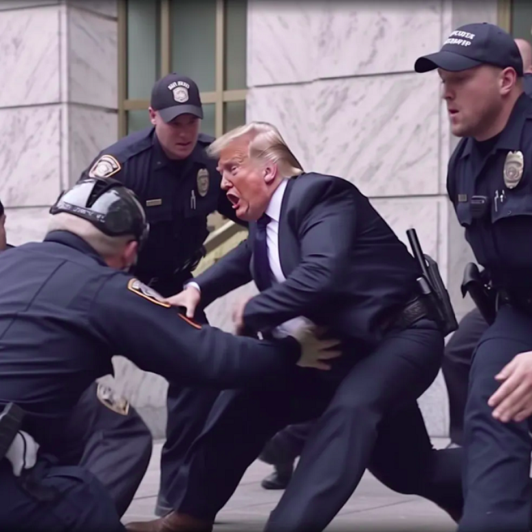 Em imagem gerada pela IA Midjourney, o ex-presidente dos EUA Donald Trump aparece brigando com a polícia