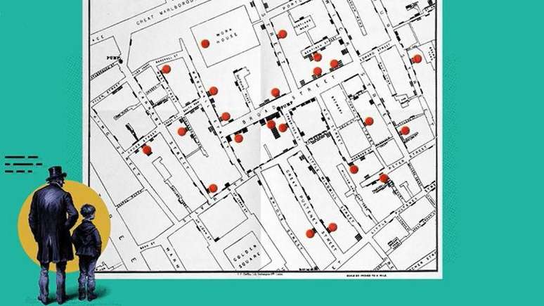 O mapa mostra claramente que os casos de c&oacute;lera em Londres se concentravam em volta de uma bomba d&rsquo;&aacute;gua contaminada