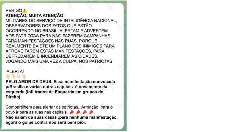 Corrente de Whatsapp que alega que manifestações marcadas para o mês de março seriam uma “armação” de infiltrados da esquerda.