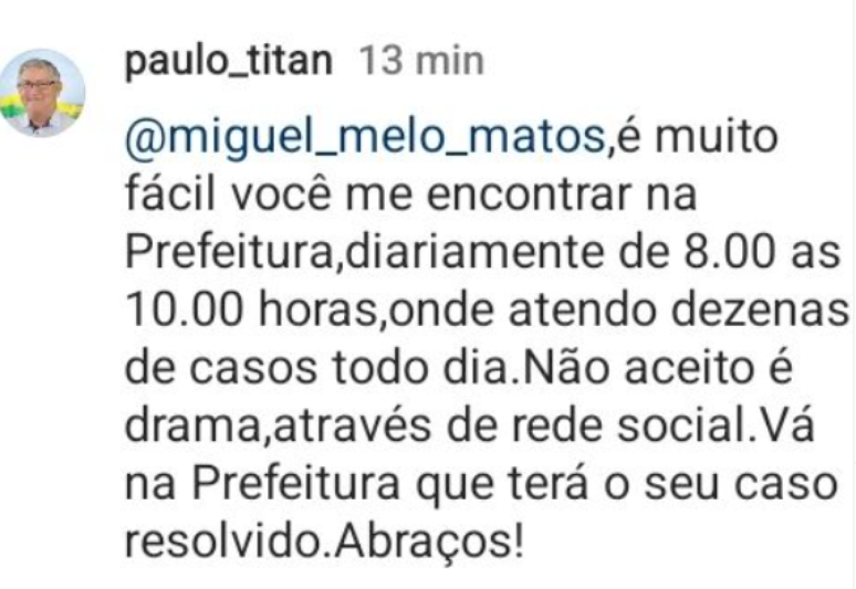 O prefeito Paulo Titan (MDB) em resposta &agrave; den&uacute;ncia da m&atilde;e