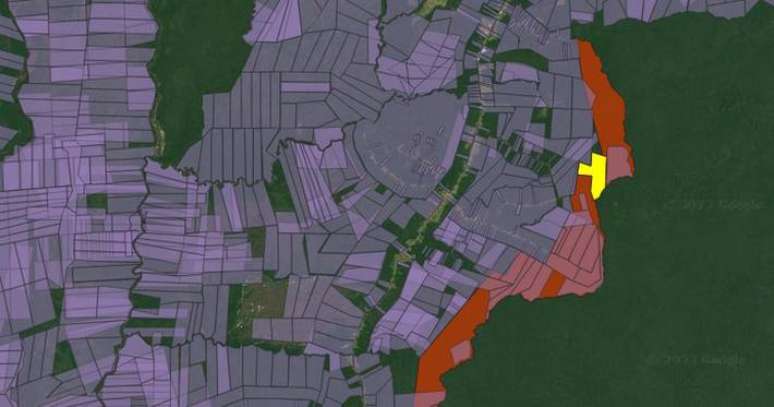 Em amarelo, fazenda de 1800 hectares que Jota Parente registrou dentro da terra indígena Pirititi, em Roraima.