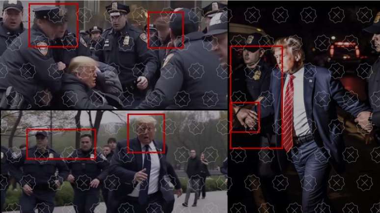Fotos de Donald Trump geradas pela ferramenta Midjourney mostram anomalias que permitem identificar que foram criadas artificialmente.