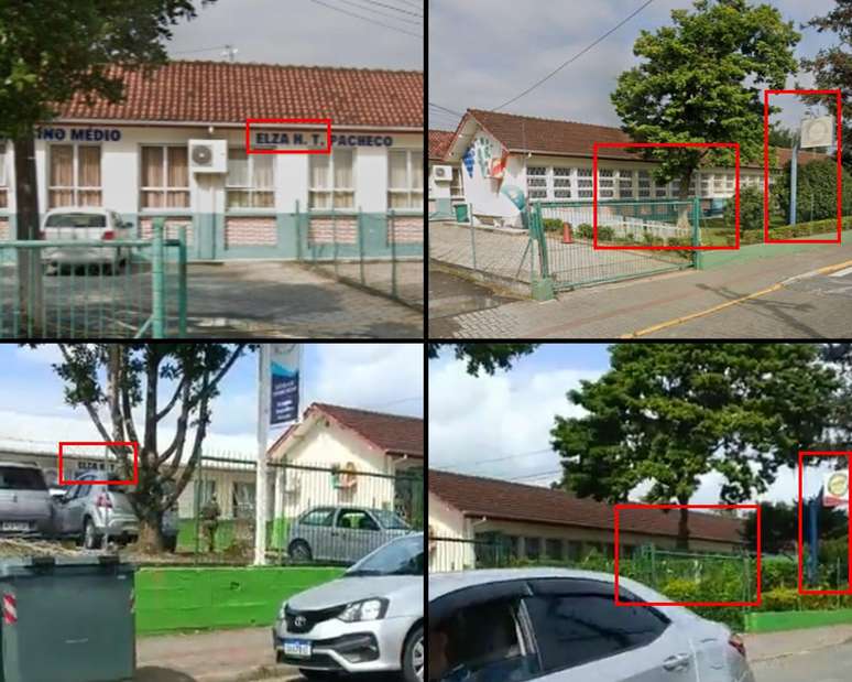 Comparativo entre frames do v&iacute;deo (abaixo) e imagens do Google Mapas (acima) mostra elementos id&ecirc;nticos, o que prova que o registro foi feito em frente a uma escola de Blumenau