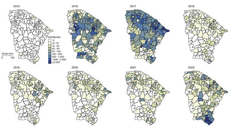 Mapas de incid&ecirc;ncia de chikungunya em cidades cearenses