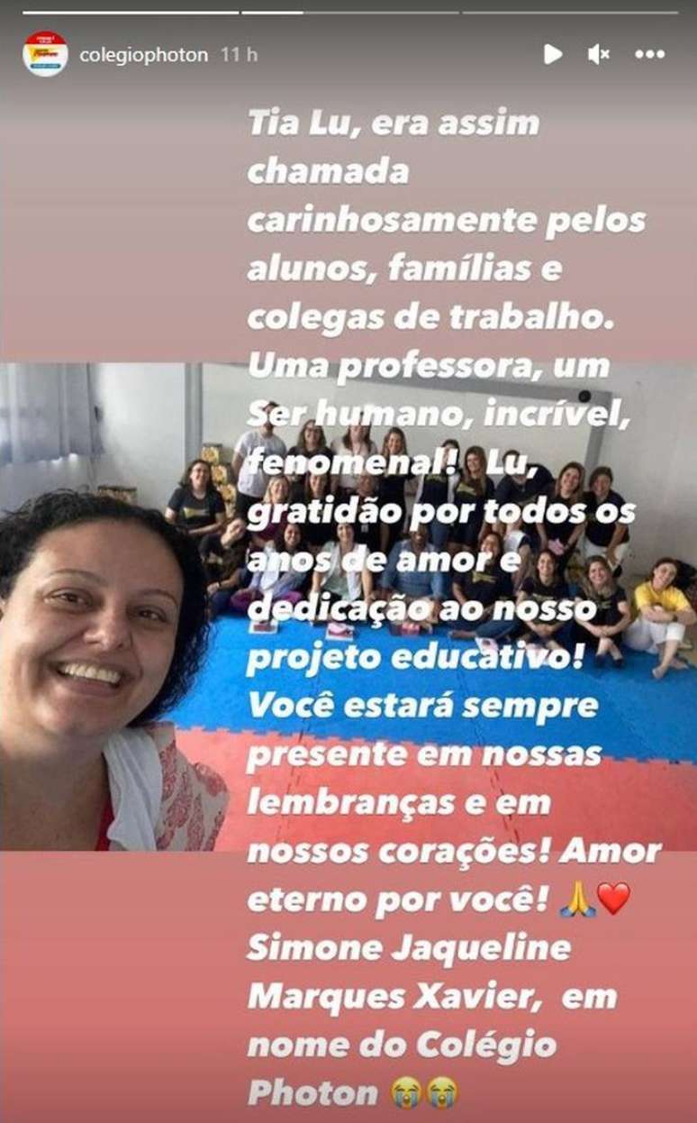 Homenagem a Luciana Cerri publicada nas redes sociais do Colégio Photon, em Campinas