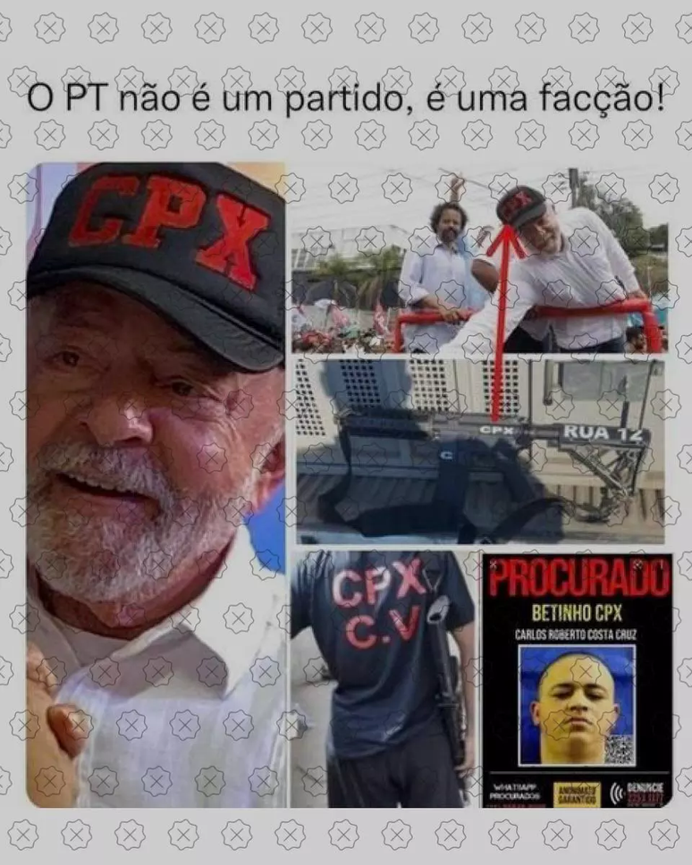 print de pe&ccedil;a de desinforma&ccedil;&atilde;o que sugere que Lula teria conluio com fac&ccedil;&otilde;es criminosas por usar um bon&eacute; com a sigla CPX