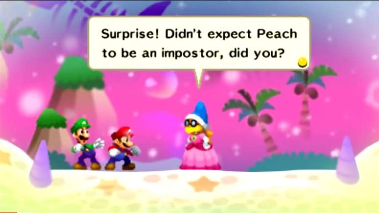 Kamek disfarçado de Peach no game Mario & Luigi: Dream Team