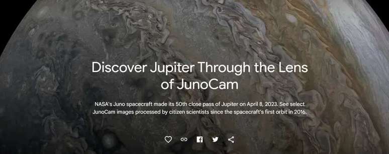 A 50º órbita da Juno ao redor de Júpiter foi celebrada no site Google Arts & Culture (Imagem: Captura de tela/Google Arts & Culture)