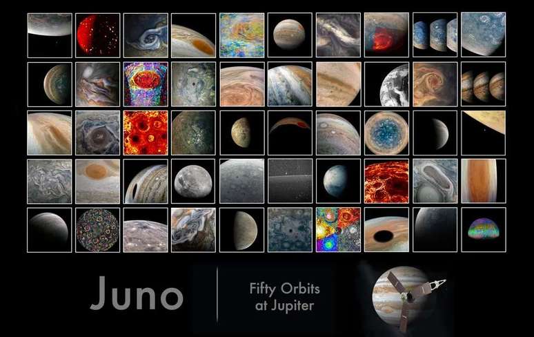 Mosaico com 50 fotos de Júpiter, suas luas e até da Terra, capturadas pelos instrumentos da sonda Juno (Imagem: Reprodução/NASA)