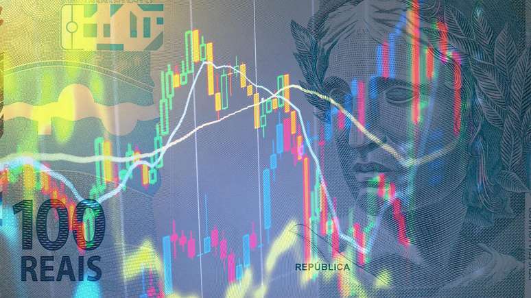 Ilustração com nota de R$ 100 reais e gráficos sobrepostos