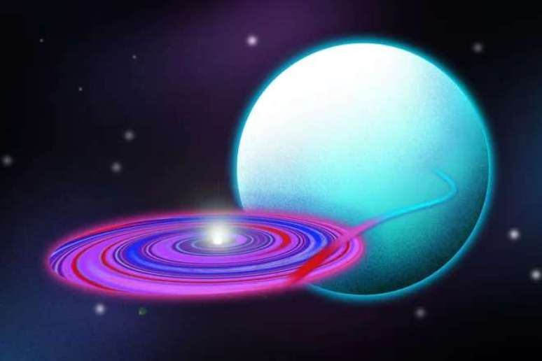 Illustration of a neutron star at the center of the accretion disk formed by matter aspirated from the larger star (Image: Reproduction/Jose-Luis Olivares/MIT/D. Klochkov/ESA) Illustration of a neutron star at the center of the accretion disk formed by matter aspirated from the larger star (Image: Reproduction/Jose-Luis Olivares/MIT/D. Klochkov/ESA)