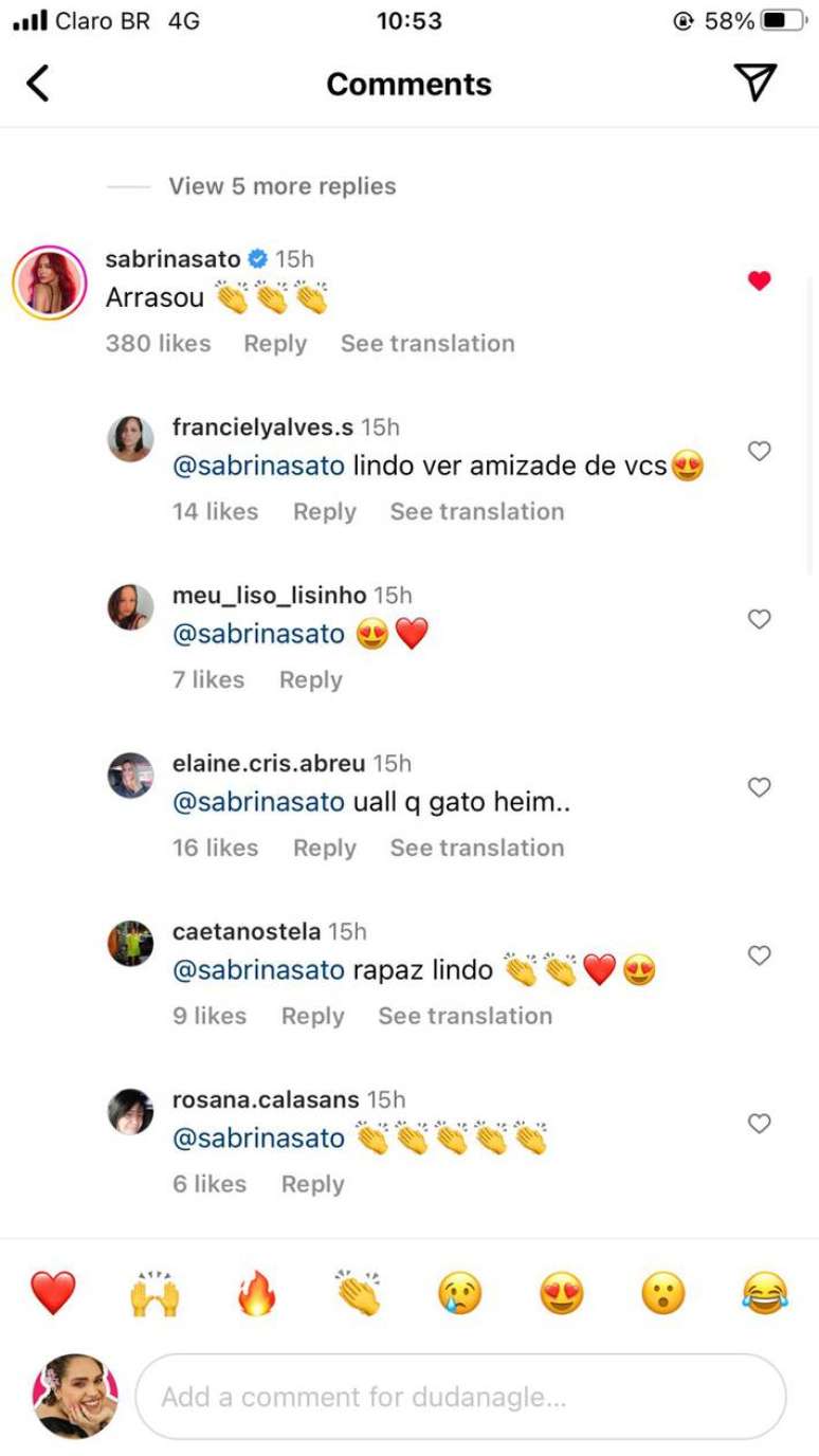 Sabrina Sato comenta em post de Duda Nagle