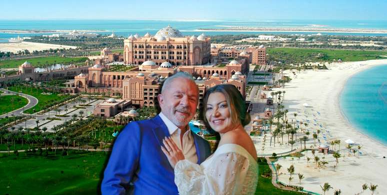 Lula e Janja com o Emirates Palace ao fundo: uma experiência das arábias para quem tem muito dinheiro