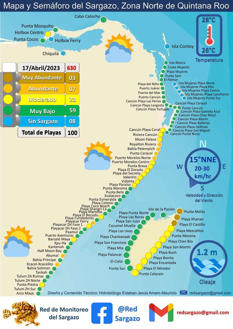 Mapa do sargaço em 17 de abril de 2023.