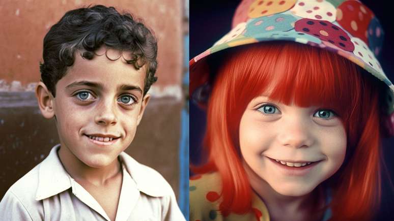 Chico Buarque e Rita Lee quando crianças; imagens foram geradas por inteligência artificial