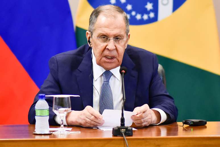 Sergei Lavrov durante coletiva após reunião com o ministro Mauro Vieira, em Brasília