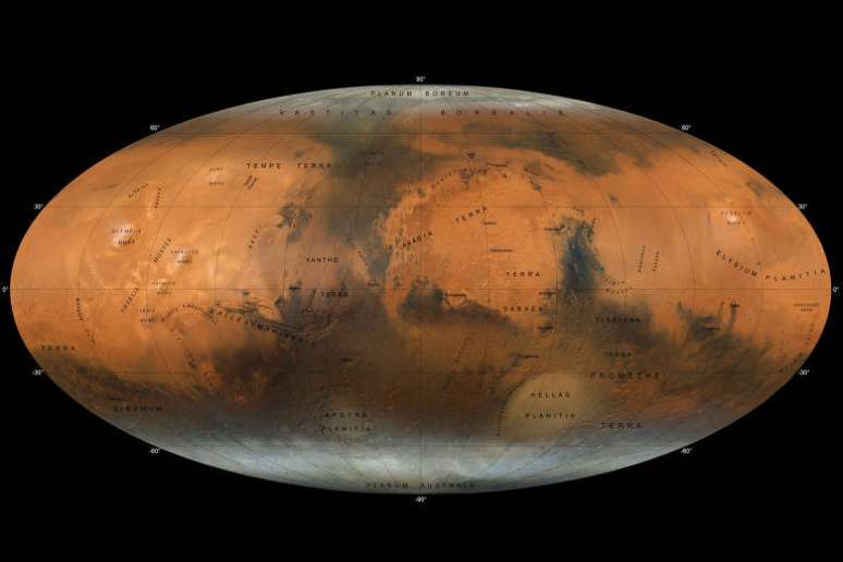 O mapa do planeta Marte, que uniu 3.000 fotos feitas pela sonda Hope, dos Emirados Árabes