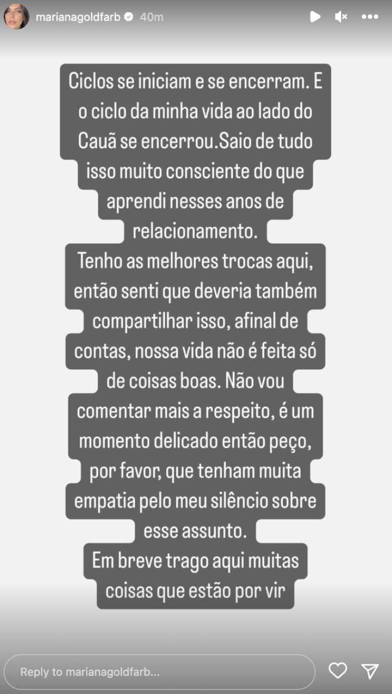 Mariana Goldfarb anuncia fim do casamento com Cauã Reymond: ‘Tenham muita empatia pelo meu silêncio’