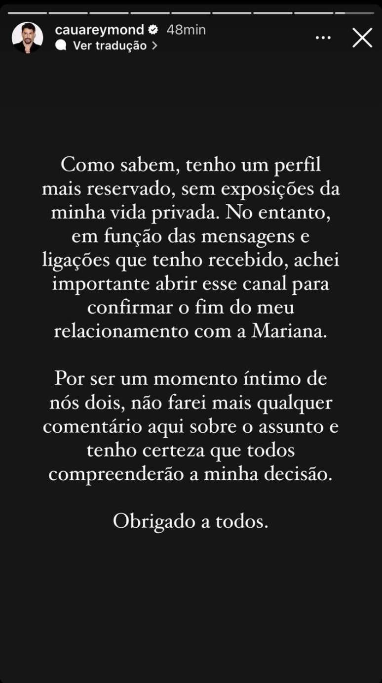 Cauã Reymond fez um pronunciamento sobre o fim do casamento.