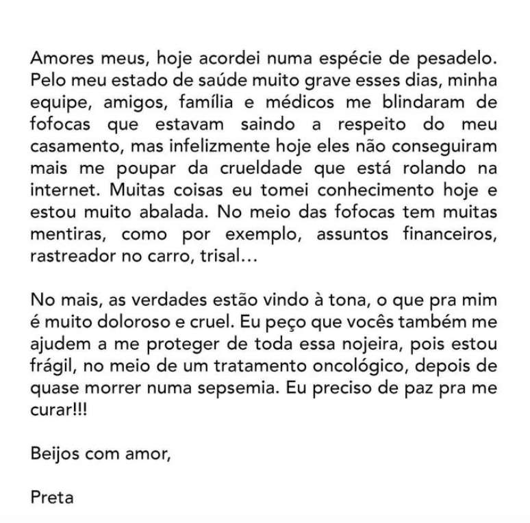 Preta Gil speaks out for first time since split rumors: 'Woke up in some kind of nightmare' Preta Gil speaks out for first time since split rumors: 'Woke up in some kind of nightmare'