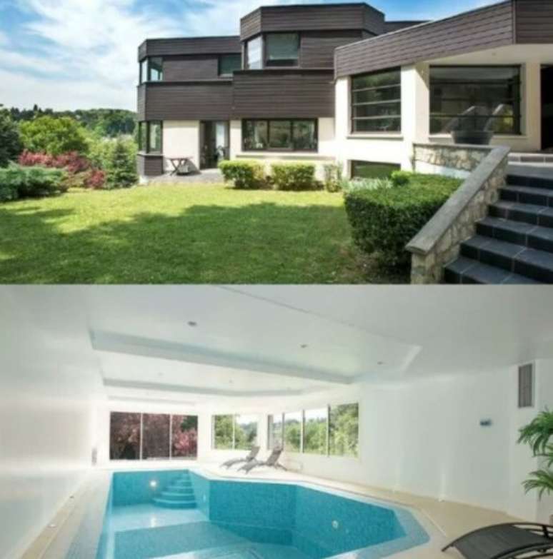 A casa de 5 pavimentos possui uma piscina coberta com temperatura controlada