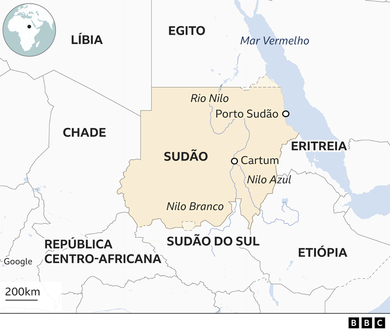 Mapa mostrando o Sudão e países vizinhos