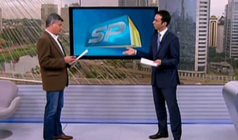 Cléber Machado e César Tralli no "SPTV", em 2013 (Reprodução/TV Globo)