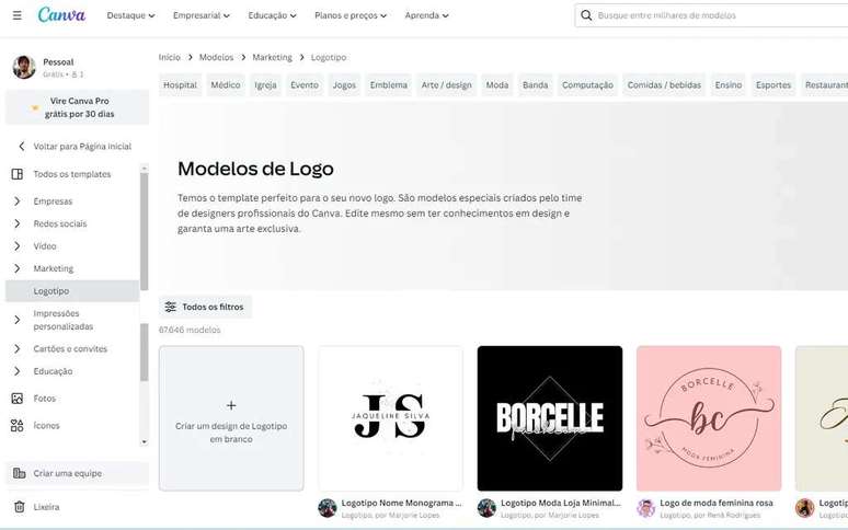 Create a logo for your company in Canva (Image: Screenshot/Thiago Furquim/Canaltech) Create a logo for your company in Canva (Image: Screenshot/Thiago Furquim/Canaltech)