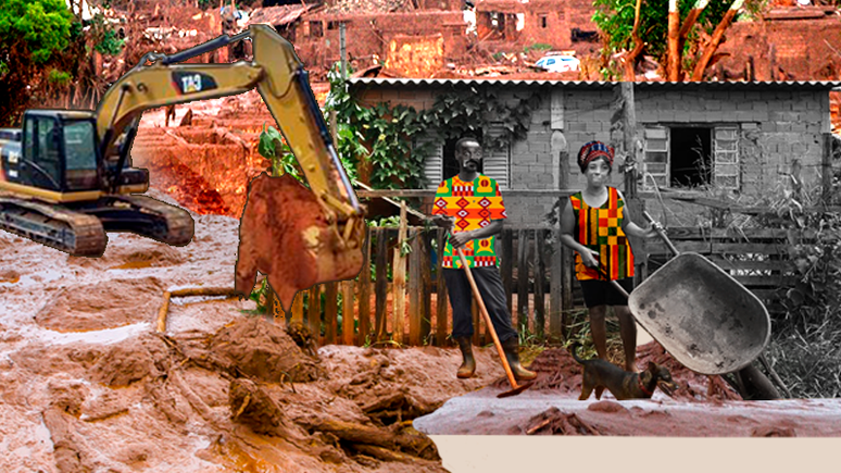 Colagem de uma casa e duas pessoas negras em meio à lama provocada pelo rompimento de uma barragem de mineração.