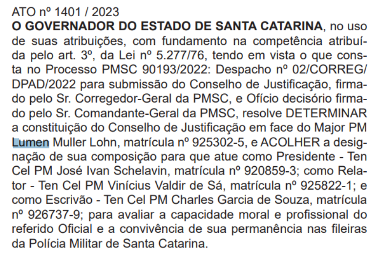 Governador Jorginho Mello assinou Conselho de Justificação contra a major