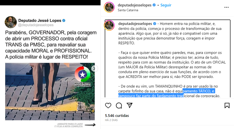 Publicação de deputado nas redes sociais parabeniza governador e cita identidade de gênero da major