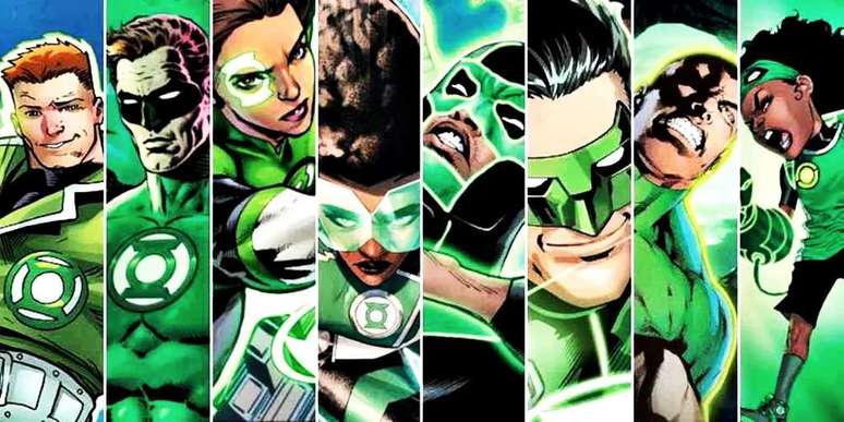Left to right: Guy Gardner, Hal Jordan, Jessica Cruz, Soujorner Mullein, Simon Baz, Kyle Rayner, John Stewart and Queli Quintela (Image: Playback/DC Comics) Left to right: Guy Gardner, Hal Jordan, Jessica Cruz, Soujorner Mullein, Simon Baz, Kyle Rayner, John Stewart and Queli Quintela (Image: Playback/DC Comics)