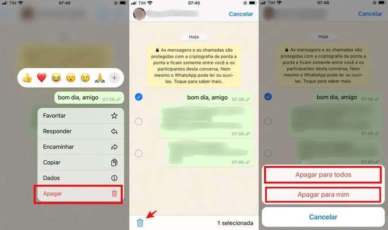 Just tap and hold to delete a WhatsApp message (Image: Screenshot/Fabrício Calixto/Canaltech)