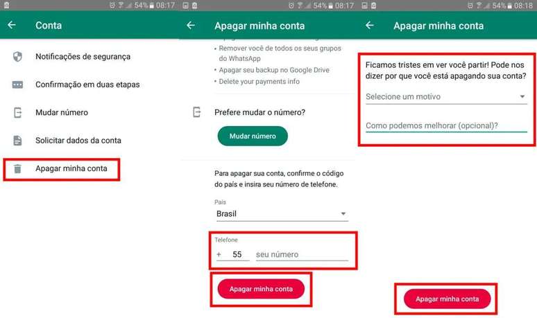 To delete a WhatsApp account, you must carry out the process through the application (Image: Screenshot/Fabrício Calixto/Canaltech)