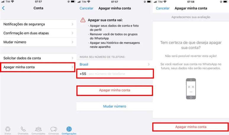 Deleting a WhatsApp account is an irreversible process (Image: Screenshot/Fabrício Calixto/Canaltech)