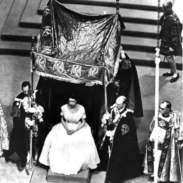 A canopy was placed over the Queen before she was anointed at her coronation in 1953.