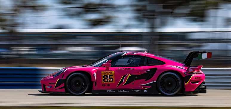 The #85 Iron Dames Porsche in action at Sebring
