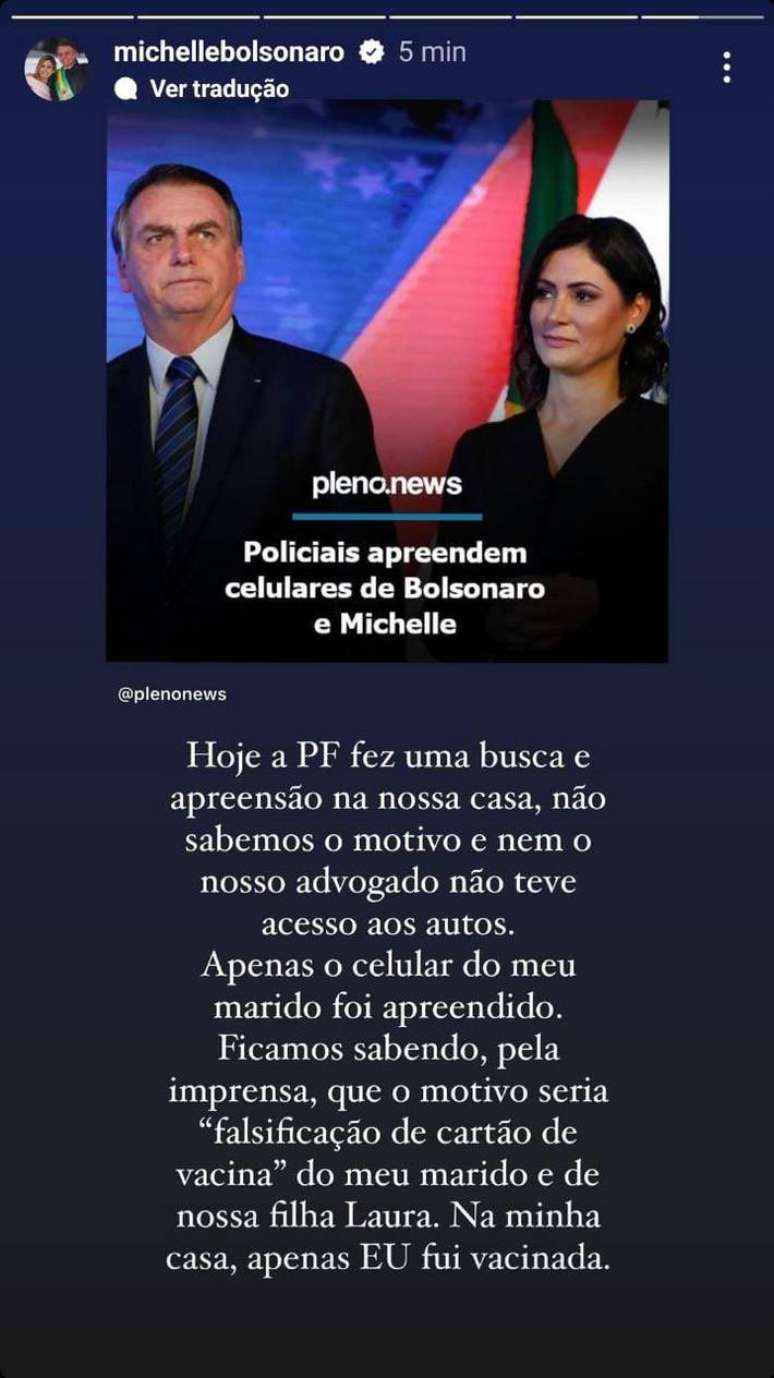 Michelle Bolsonaro se pronuncia sobre operação da PF na sua casa e do ex-presidente Jair Bolsonaro na manhã desta quarta-feira, 3.