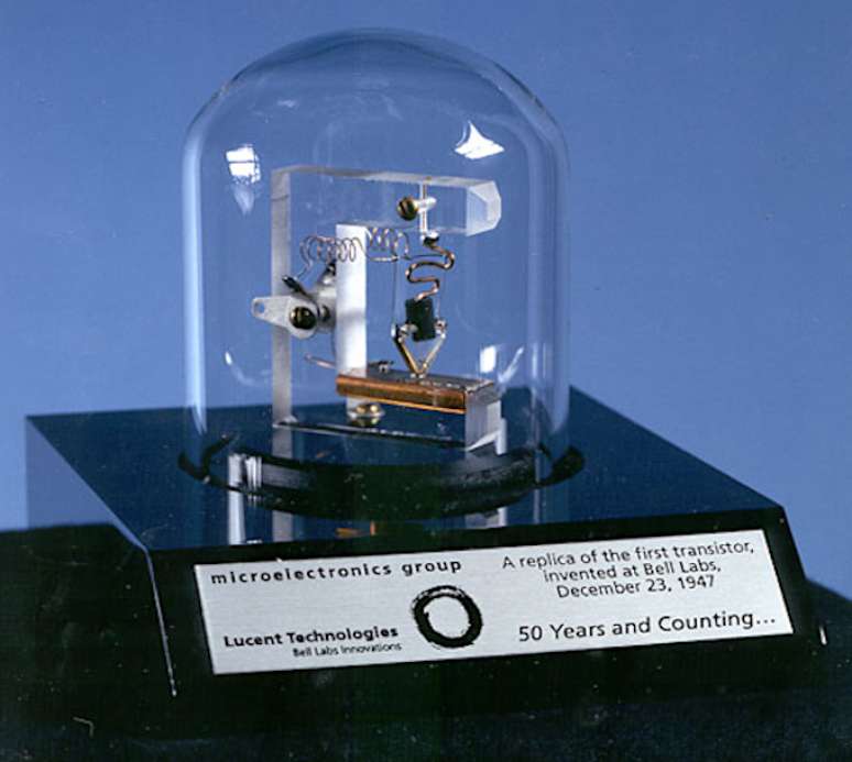 Replica of the first working transistor, developed by John Bardeen and Walter Brattain at Bell Labs in 1947 
