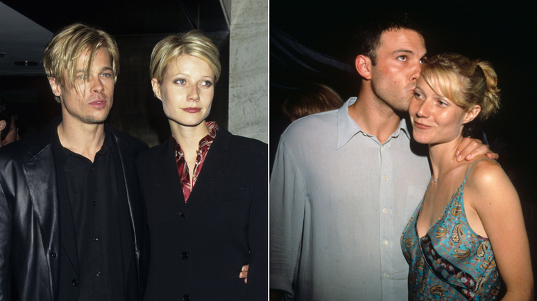 Brad e Gwyneth em mar&ccedil;o de 1997; Ben e Gwyneth em julho de 1998.