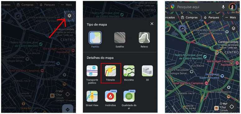 Change the view to receive colored transit lines (Image: Screenshot/André Magalhães/Canaltech) Change the view to receive colored transit lines (Image: Screenshot/André Magalhães/Canaltech)