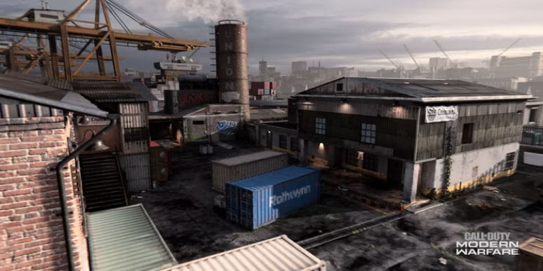 Mapa com vários níveis diferentes, Hackney Yard também é parte de Verdansk, de COD Warzone